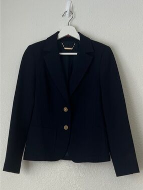 Trina Turk Yin Blazer Navy Blue Gold Crest Button Tailored Suit Jacket Size 4